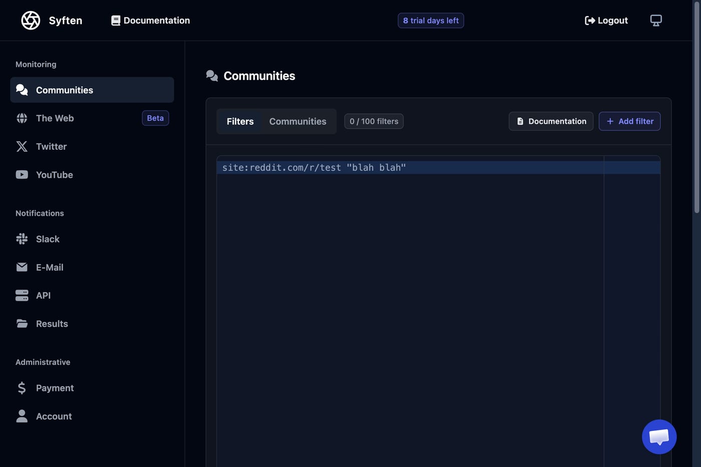 Syften UI screenshot showing the product dashboard and setup flow.