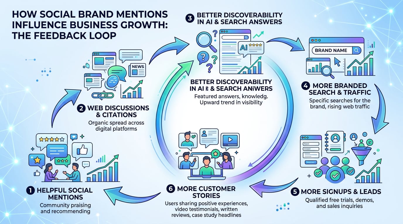 Diagram: social mentions to LLM visibility, SEO, and signup growth