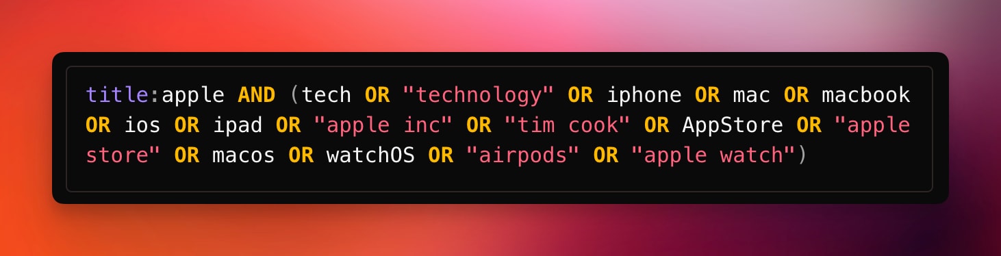 Example Boolean query that requires Apple in the title and one of several technology or product terms.