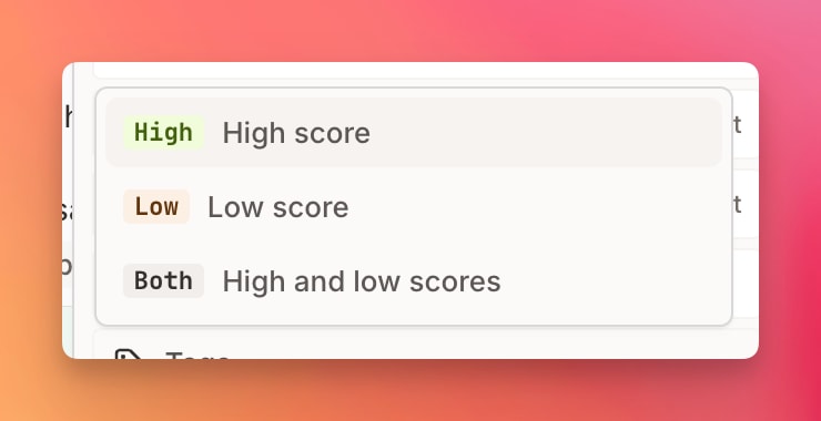 Mentionkit score filter with High score, Low score, and High and low scores options.