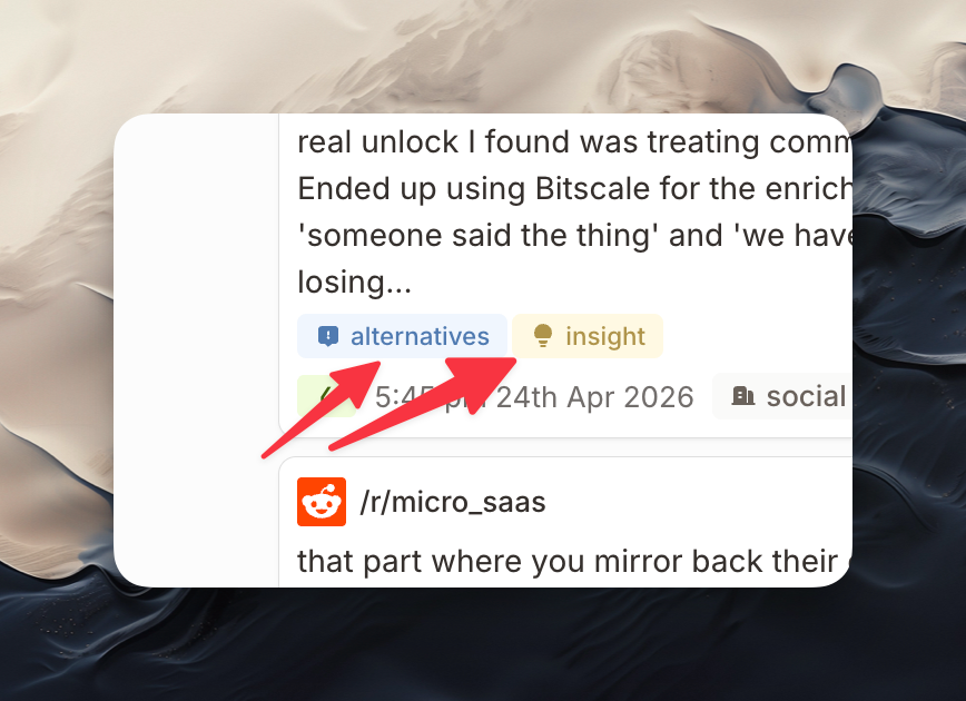 Alternatives and insight tags in mention card